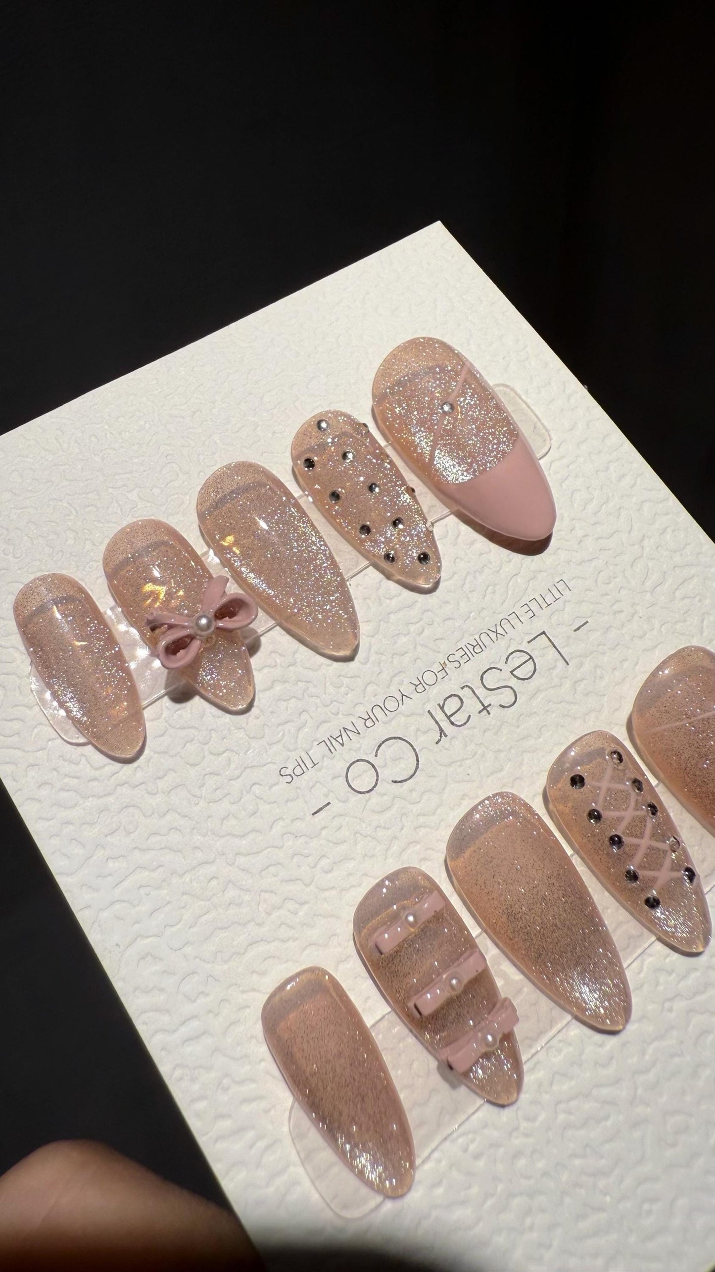Reusable Pink Sparkling Lace Cat Eye Effect | Premium Press on Nails Gel | Fake Nails | Cute Fun Colorful Gel Nail Artist faux nails TMR1011
