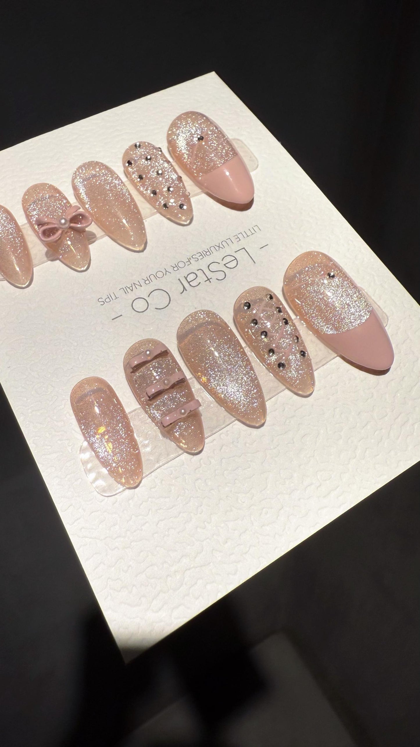 Reusable Pink Sparkling Lace Cat Eye Effect | Premium Press on Nails Gel | Fake Nails | Cute Fun Colorful Gel Nail Artist faux nails TMR1011