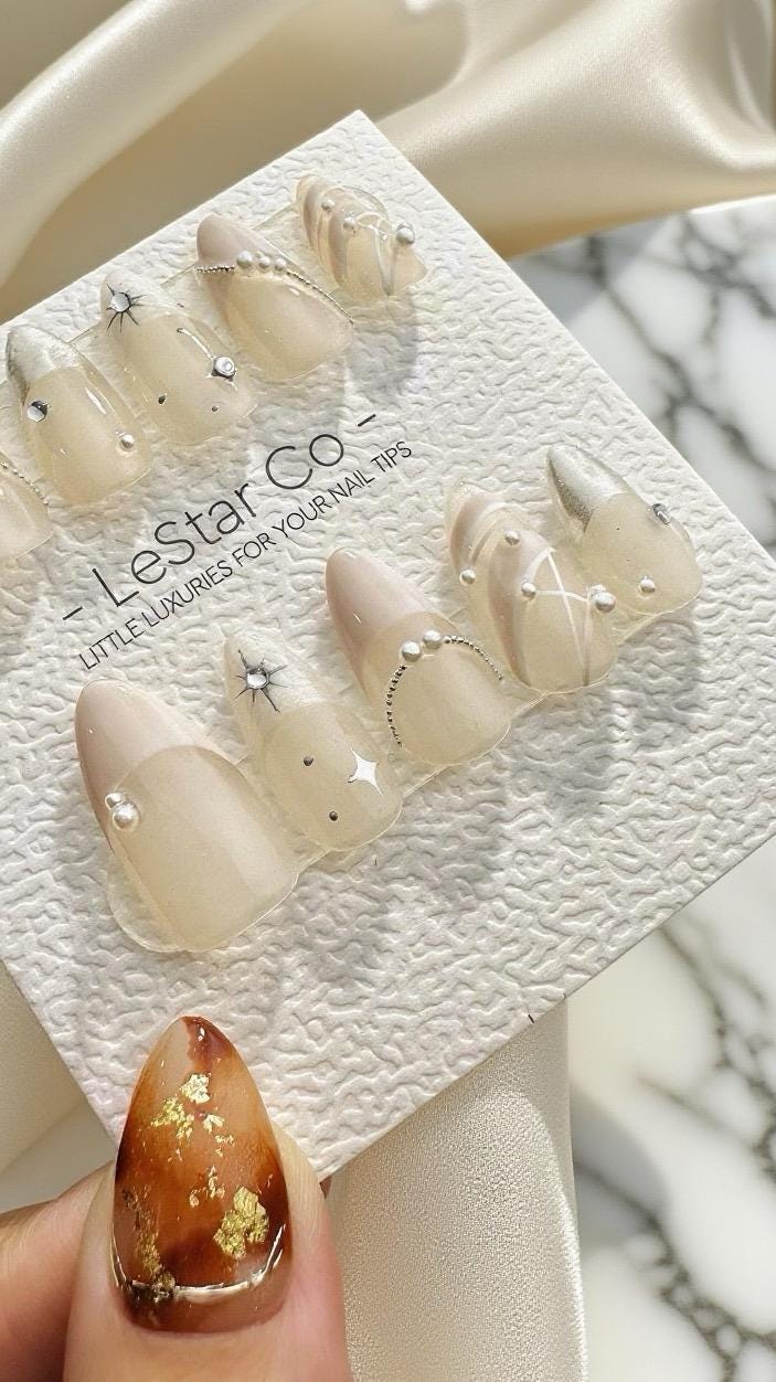 Reusable Elegance Pearl Lace French Tip | Premium Press on Nails Gel | Fake Nails | Cute Fun Colorful Gel Nail Artist faux nails 804ML