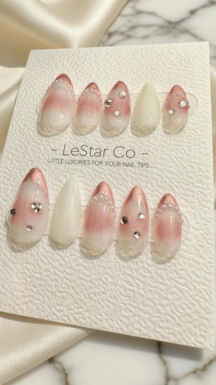 Reusable Princess Veil Pink French Tip | Premium Press on Nails Gel | Fake Nails | Cute Fun Colorful Gel Nail Artist faux nails 536TMR