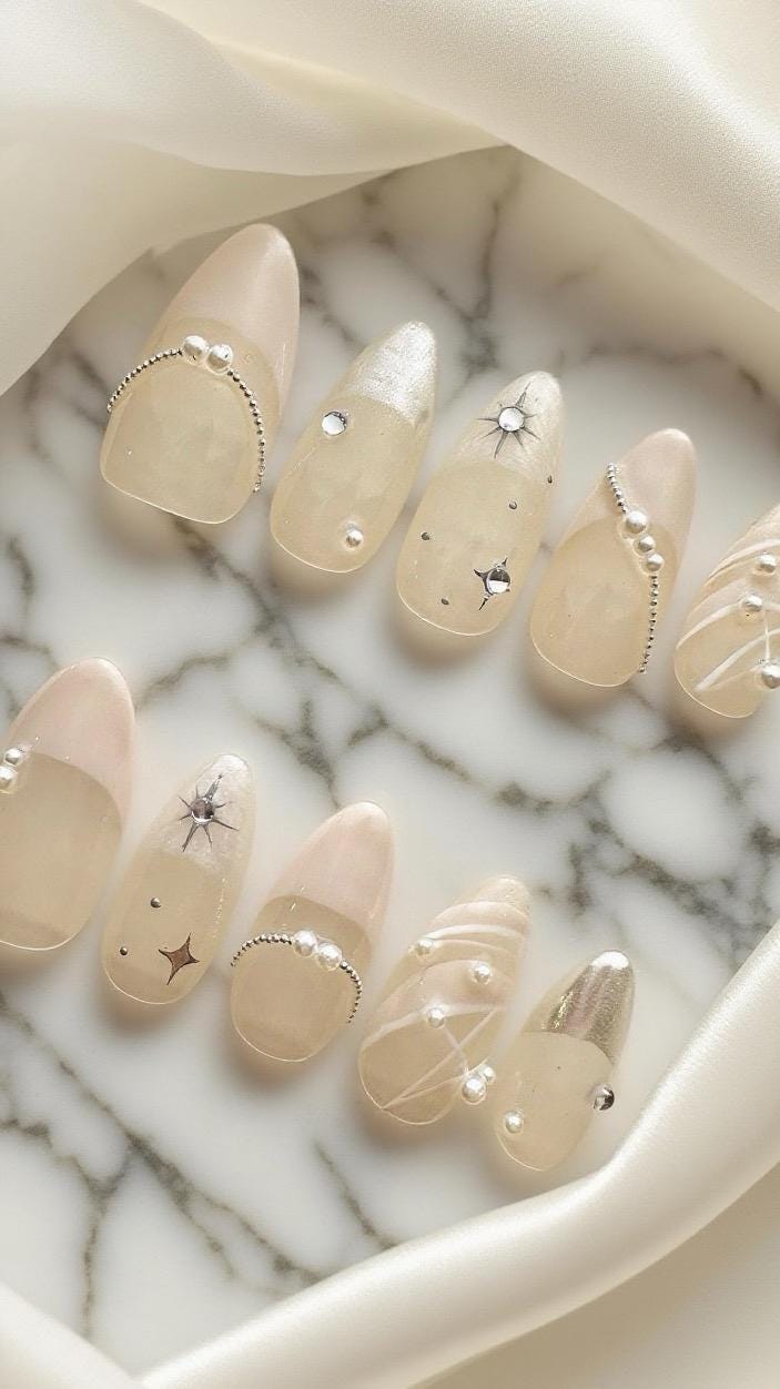 Reusable Elegance Pearl Lace French Tip | Premium Press on Nails Gel | Fake Nails | Cute Fun Colorful Gel Nail Artist faux nails 804ML