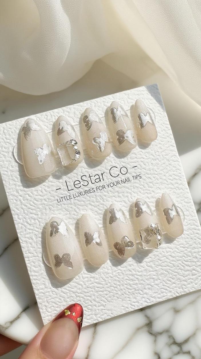 Reusable Silver Butterfly Kiss Premium Press on Nails Gel Manicure Handprint Pressons Handmade | Lestarco faux nails 659ML