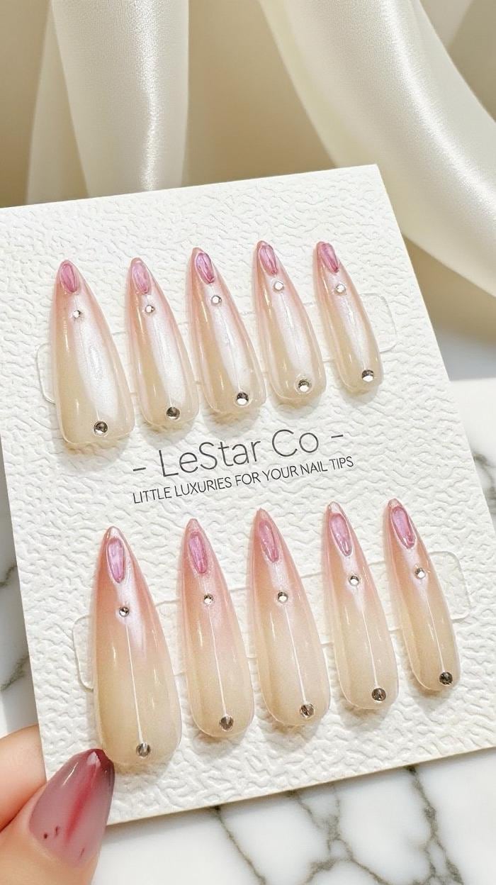 Reusable Rose Quartz Tip Premium Short Press on Nails Gel Manicure Hand Painted Pressons Handmade | Lestarco faux nails 869WM