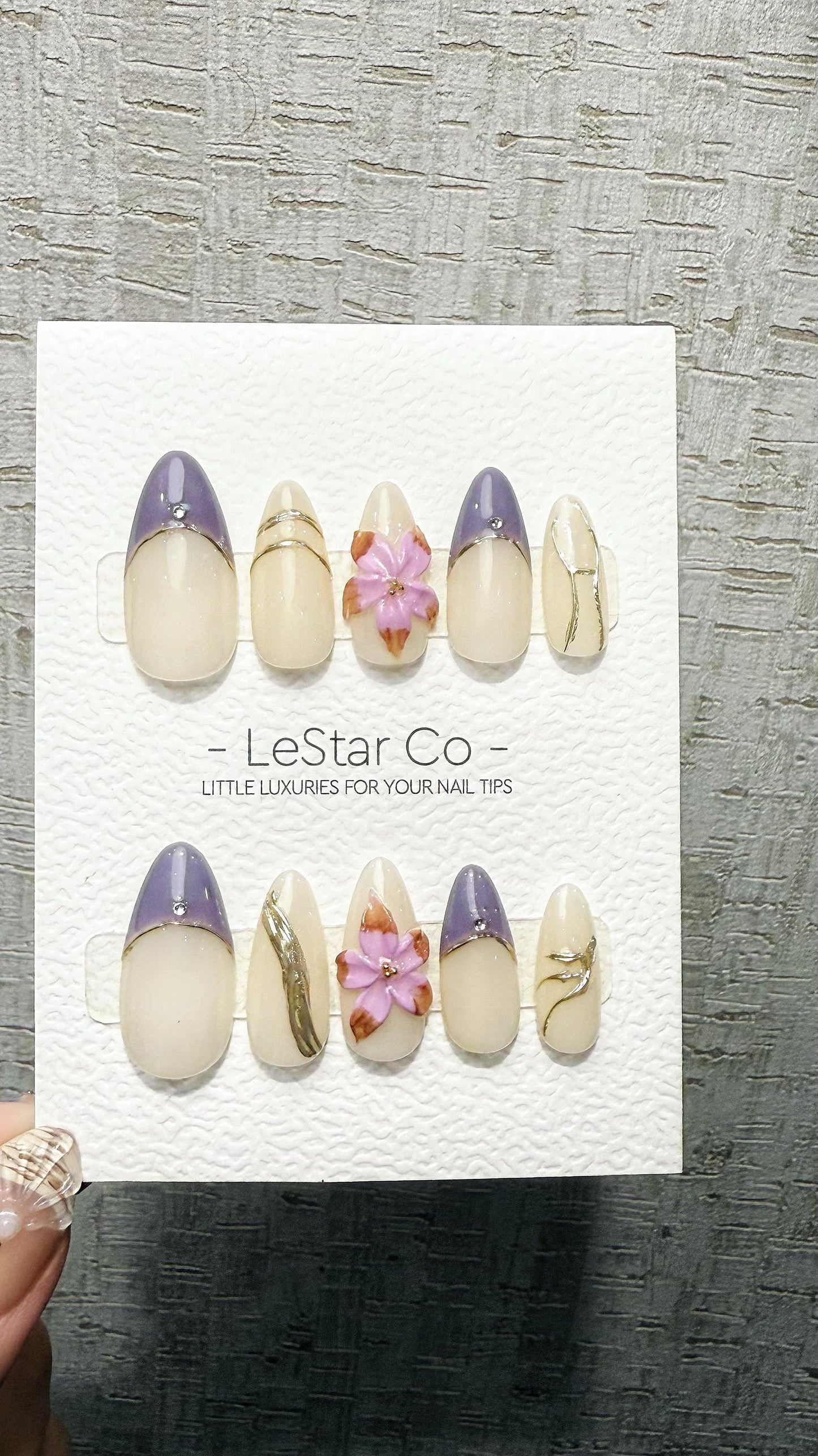 Violet Blossom Elegance 3D Flower French Tip Press On Nails Handmade Reusable Gel Nails ML1048