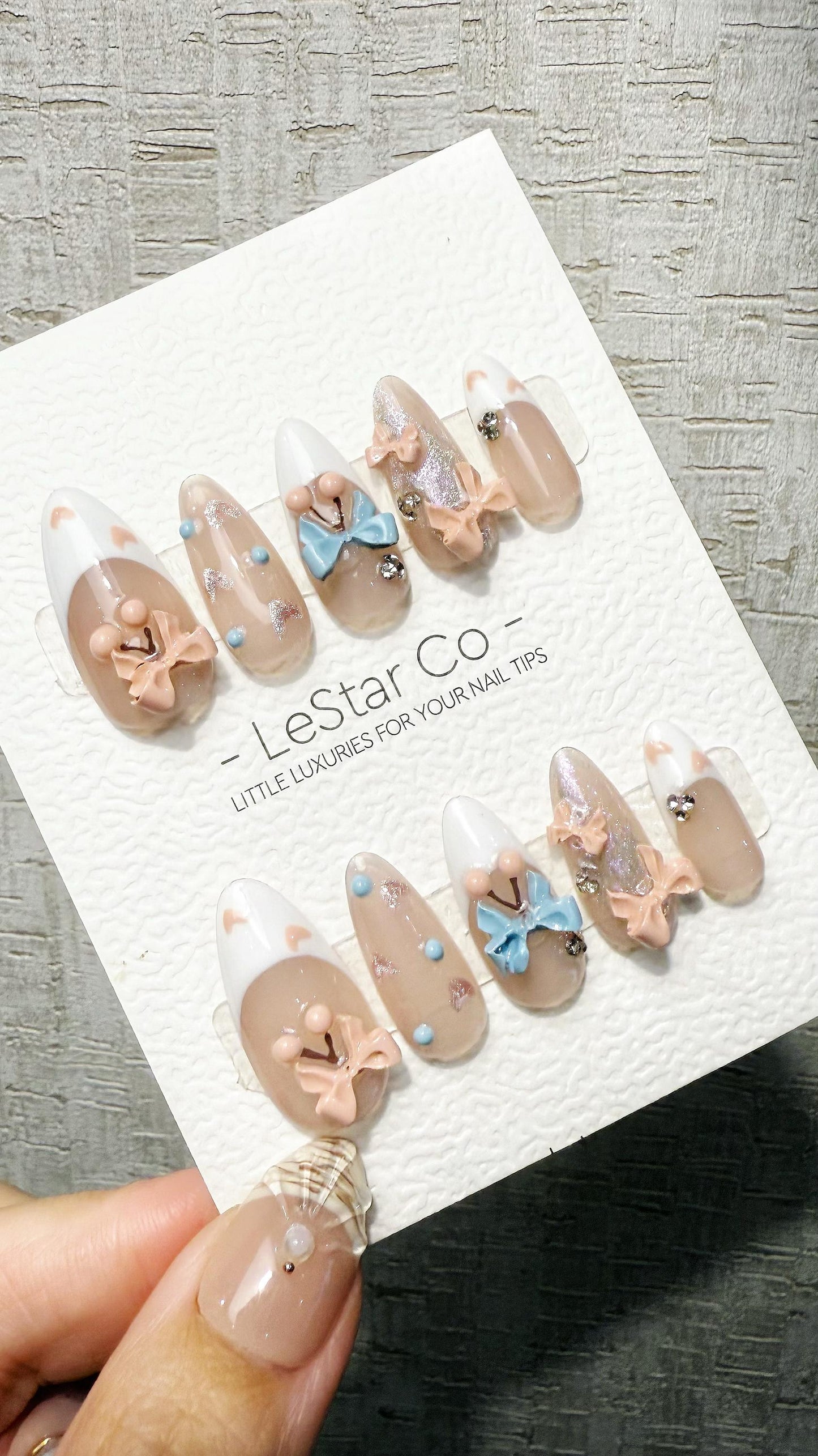 Sweet Candy Garden 3D Ribbon French Tip Press On Nails Handmade Reusable Gel Nails ML1049