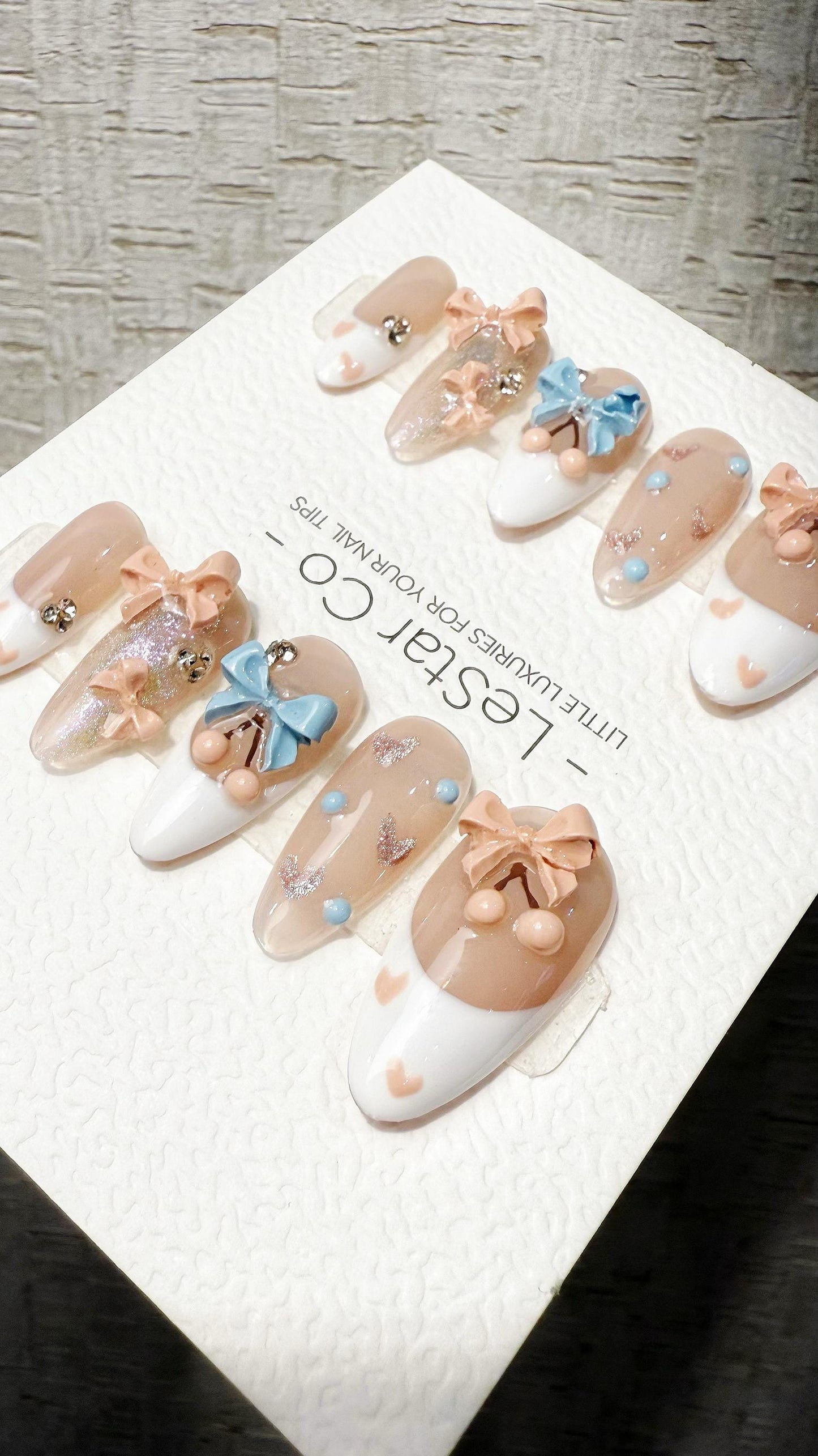 Sweet Candy Garden 3D Ribbon French Tip Press On Nails Handmade Reusable Gel Nails ML1049