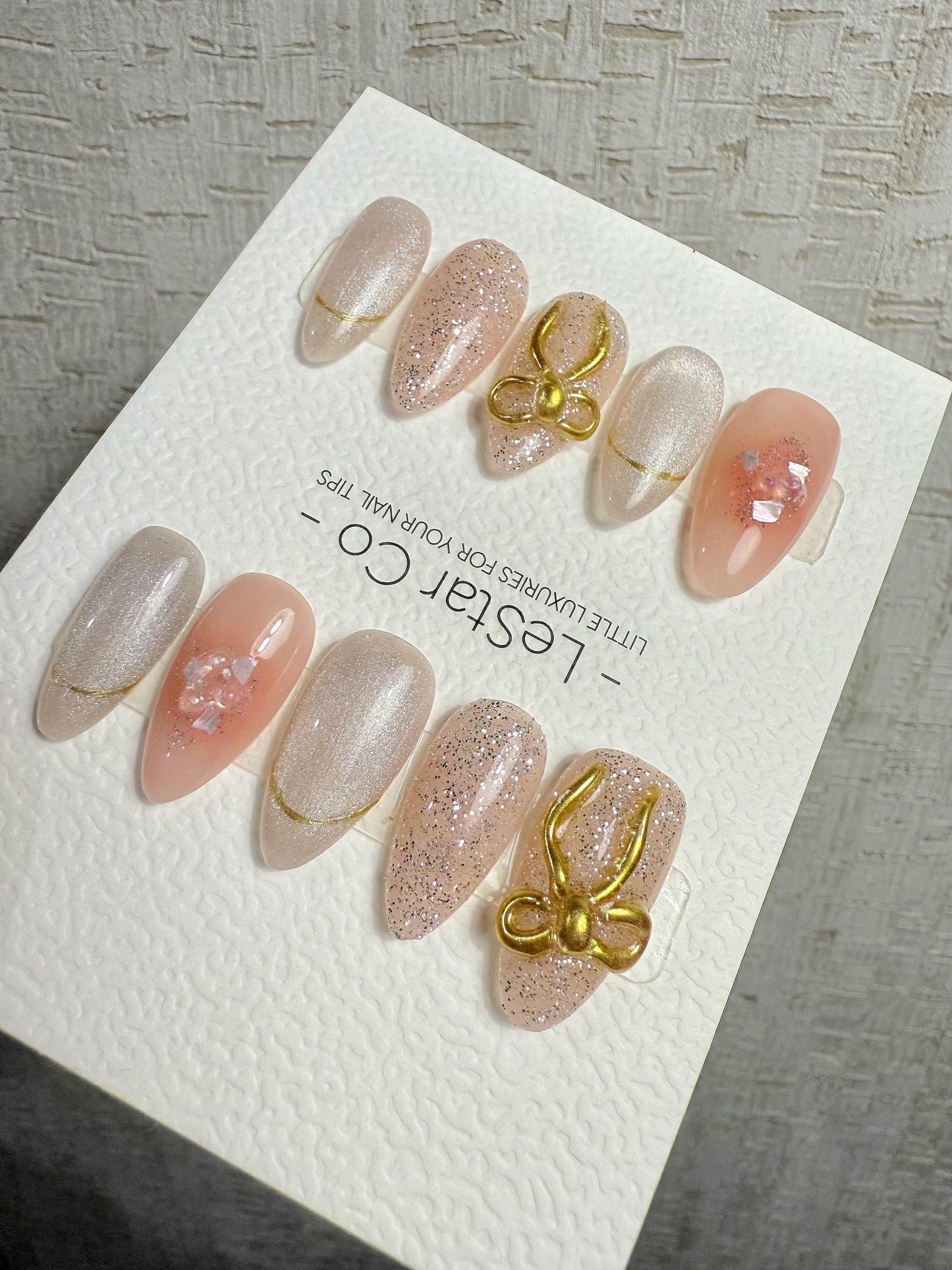 4for3 Timed Offer)Reusable Blush Bow Dream Cat Eye Effect| Premium Handmade Press on Nails Gel | Fake Nails | Cute Pressons Gel Nail MC1060