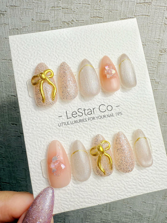 4for3 Timed Offer)Reusable Blush Bow Dream Cat Eye Effect| Premium Handmade Press on Nails Gel | Fake Nails | Cute Pressons Gel Nail MC1060