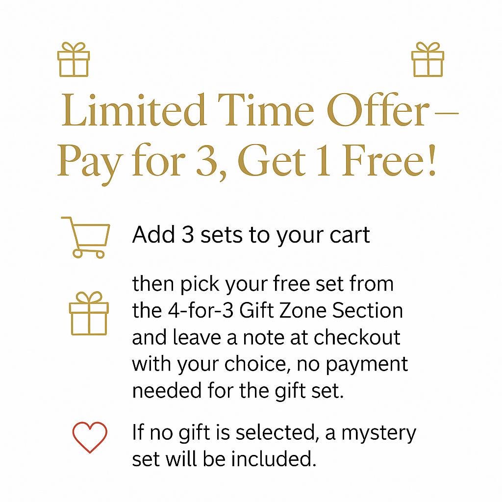 The image is a limited time offer advertisement for a gift set. It provides instructions for customers to add three sets to their cart, pick a free set from the 4-for-3 Gift Zone Section, and leave a note at checkout with their choice, without any payment needed. If no gift is selected, a mystery set will be included.