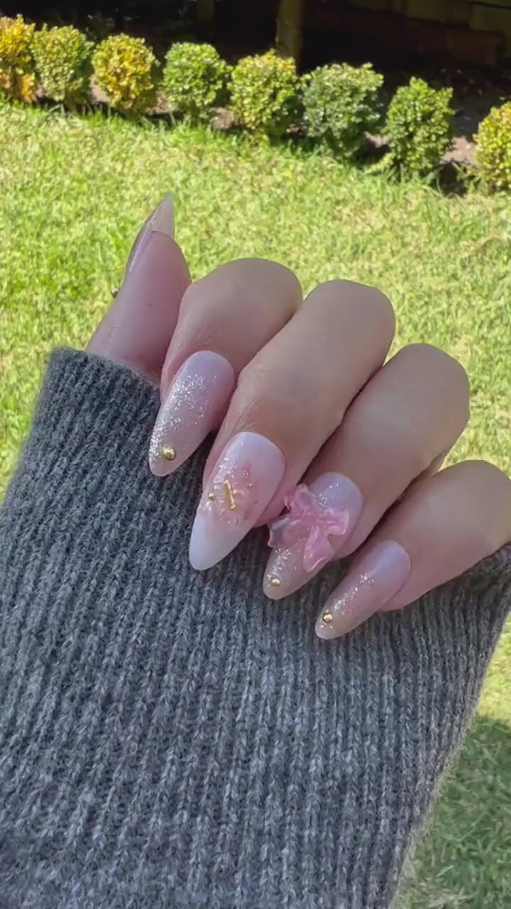 Reusable Pink Crystal and Bow Color Changes under sun | Premium Press on Nails Gel Manicure | Fake Nails | Handmade | Lestarco 153zz