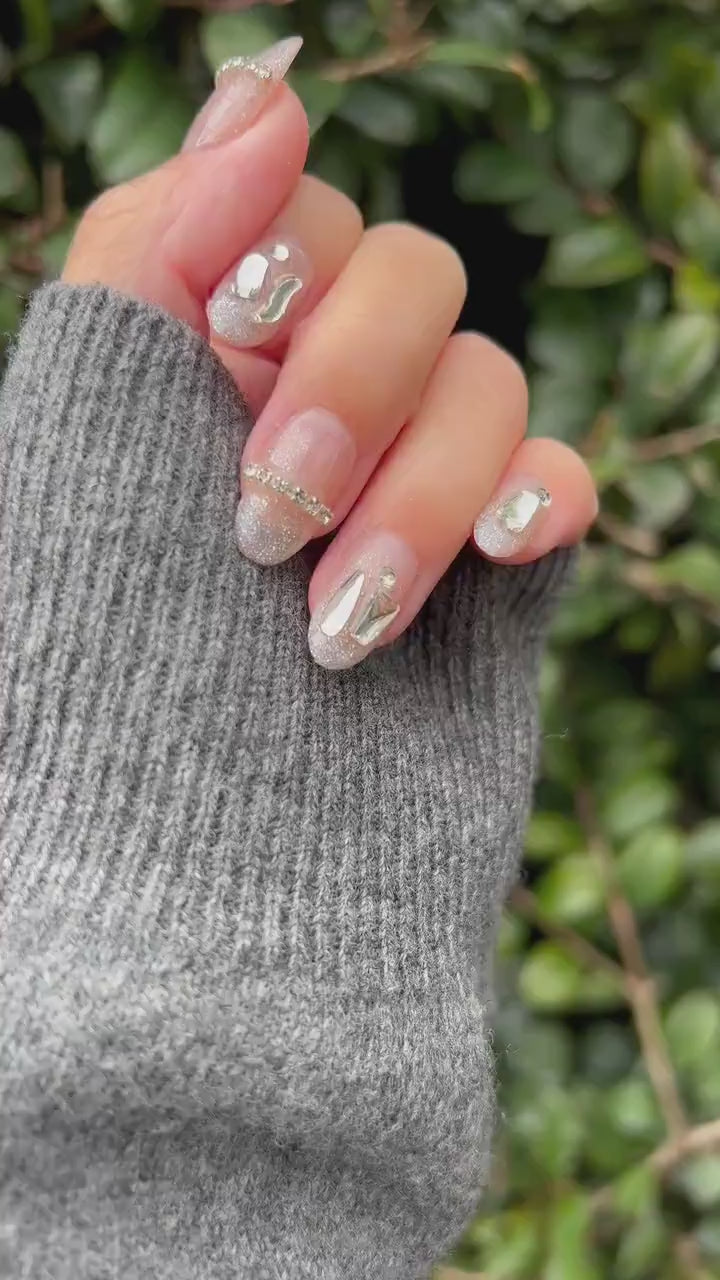 Reusable Grey and Silver Heart | Premium Press on Nails Gel | Fake Nails | Cute Fun Colorful Colorful Gel Nail Artist faux nails xx218