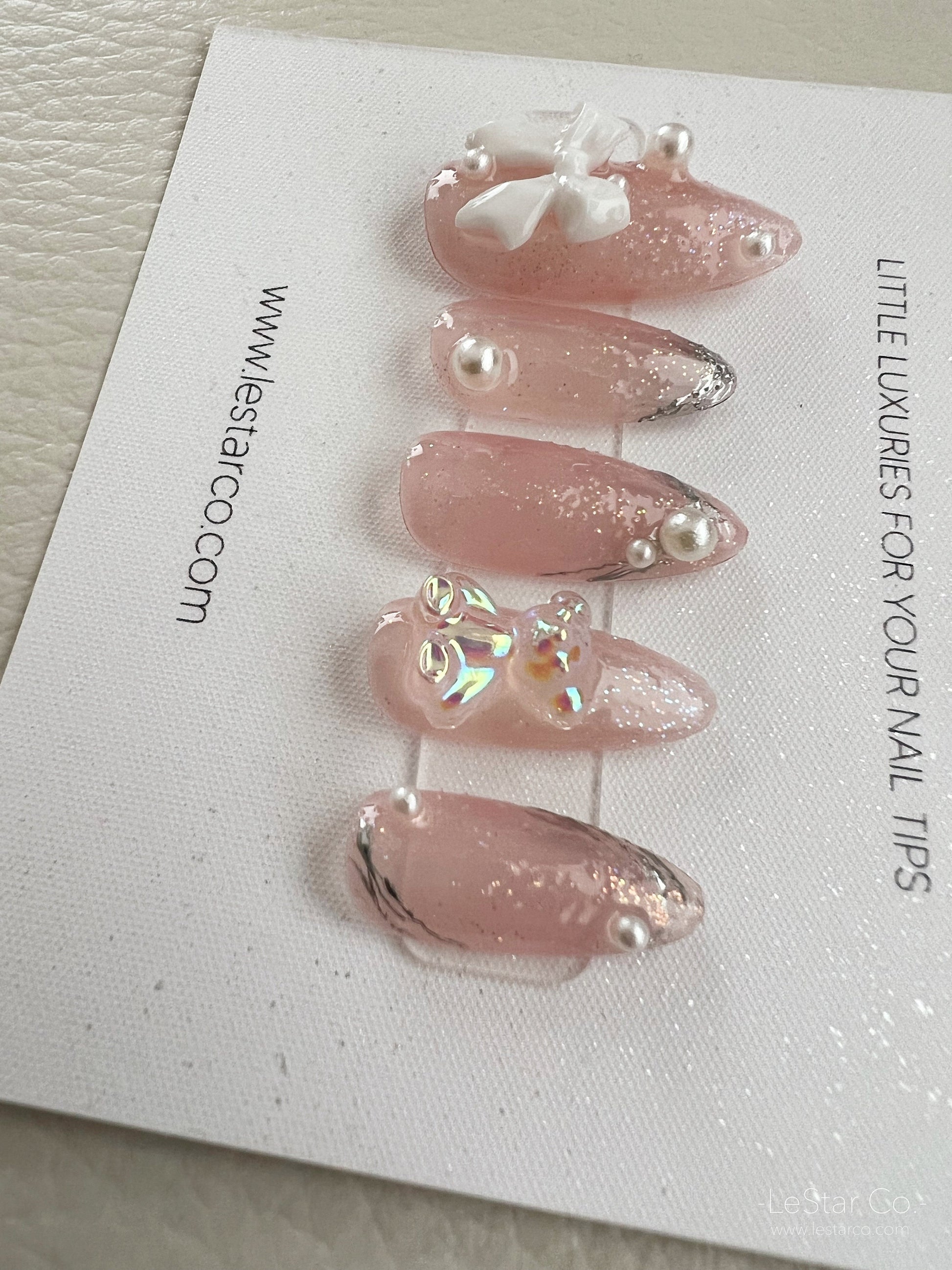 Reusable Ribbon Bear Pearl | Premium Press on Nails Gel Manicure | Fake Nails | Handmade | Lestarco faux nails 129zz