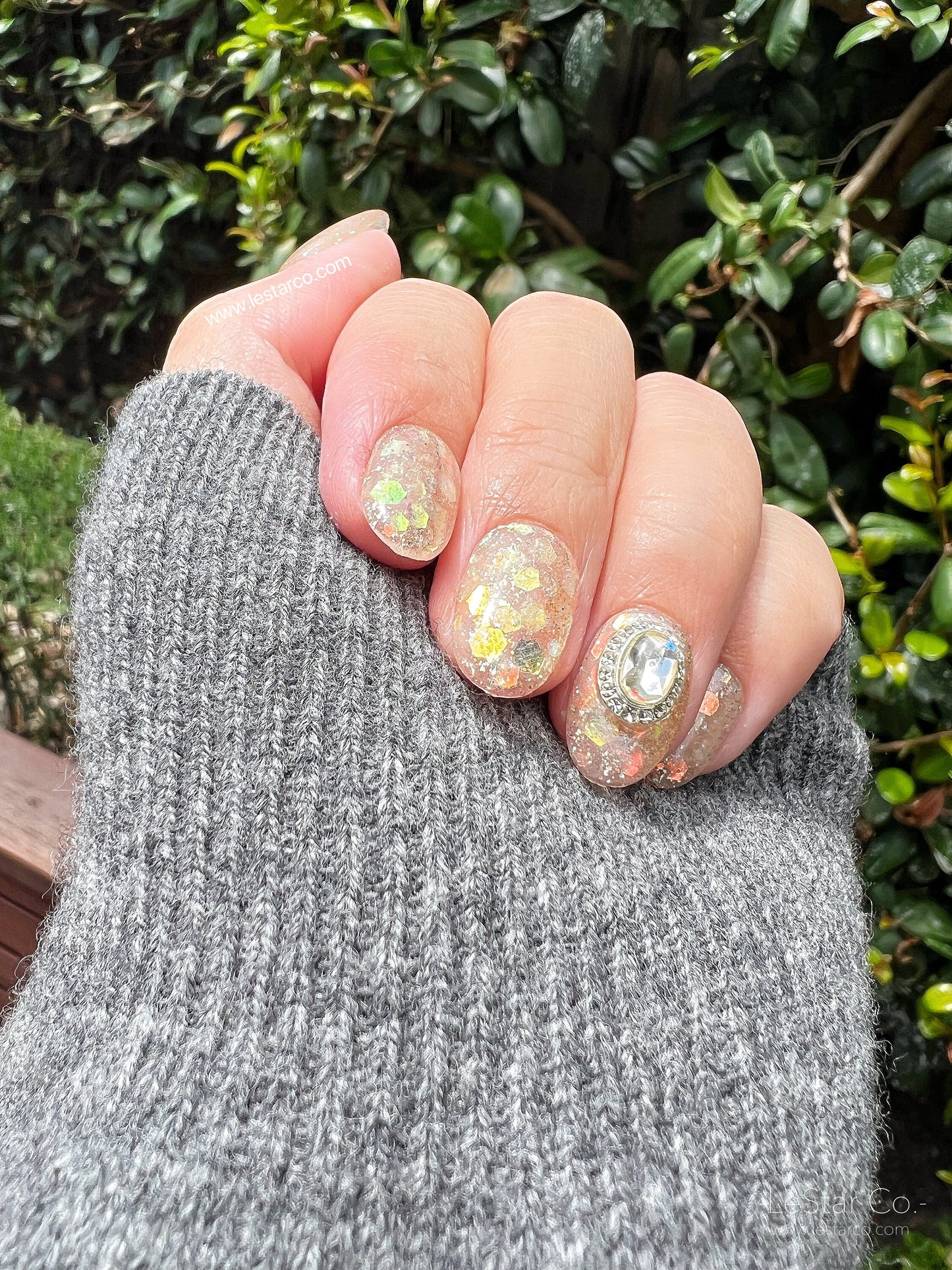 Reusable Glitter w/ Oval Gem Premium Press on Nails Gel Manicure | Fake Nails | Handmade | Lestarco faux nails XWZ099