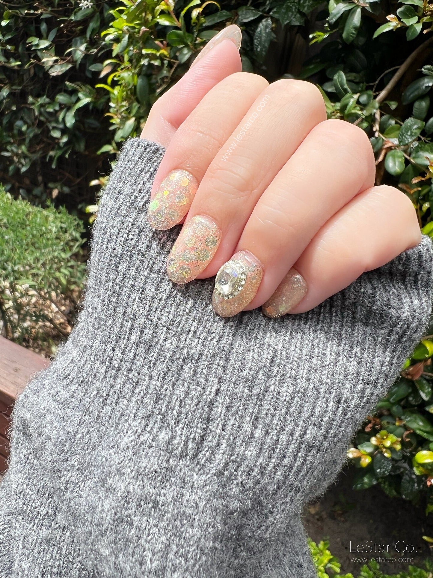 Reusable Glitter w/ Oval Gem Premium Press on Nails Gel Manicure | Fake Nails | Handmade | Lestarco faux nails XWZ099