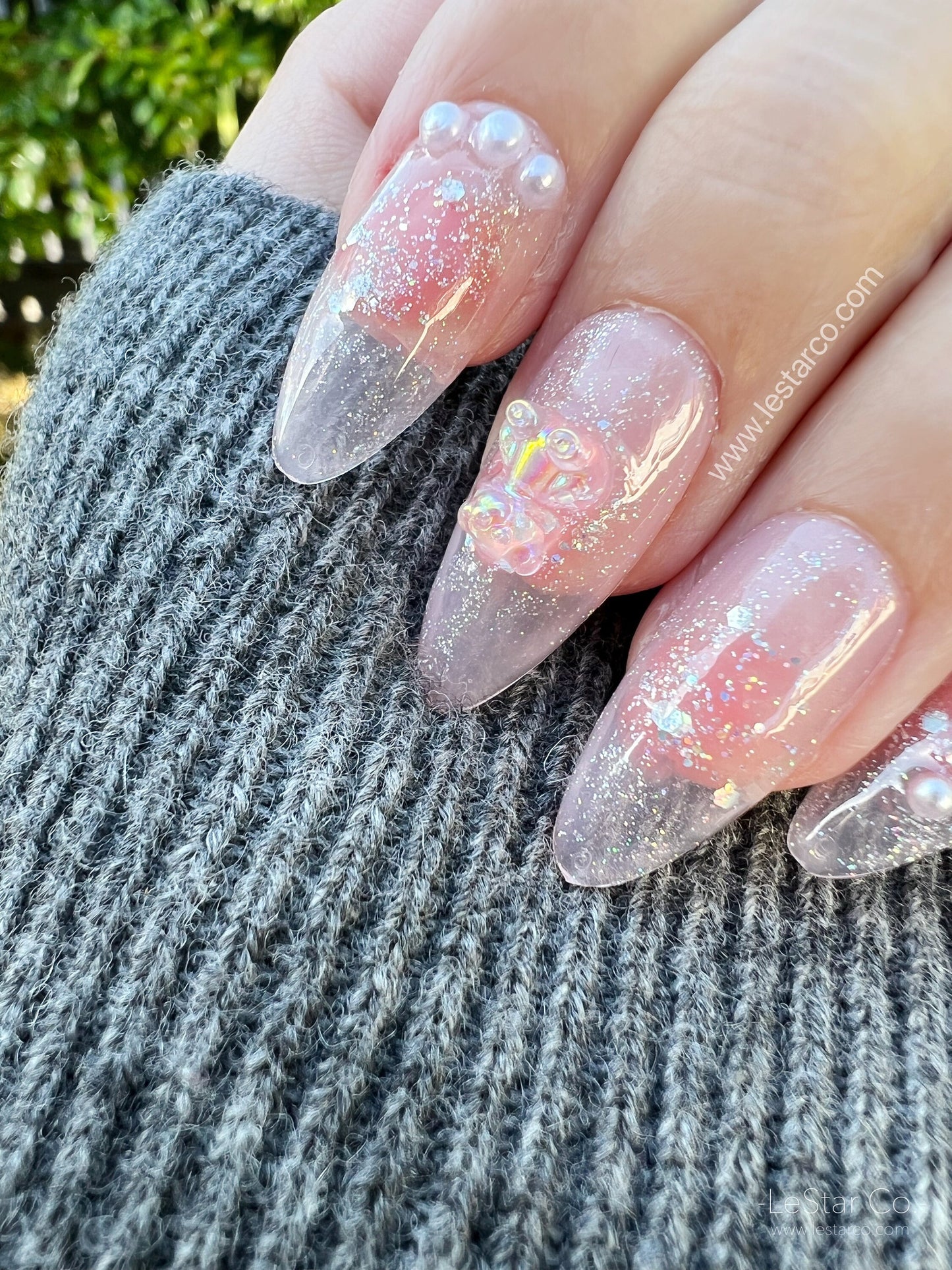 Reusable Aurora Heart Bear Nails Premium Short Press on Nails Gel Manicure | Fake Nails | Handmade | Lestarco faux nails MXJ163