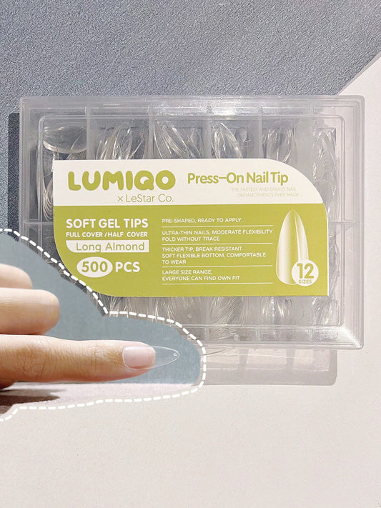 500pcs/12 Sizes Soft Gel Nail Tip Clear Long Almond Press on Nail  Full Cover/Half Cover False Nails By LUMIQO DIY Nailart