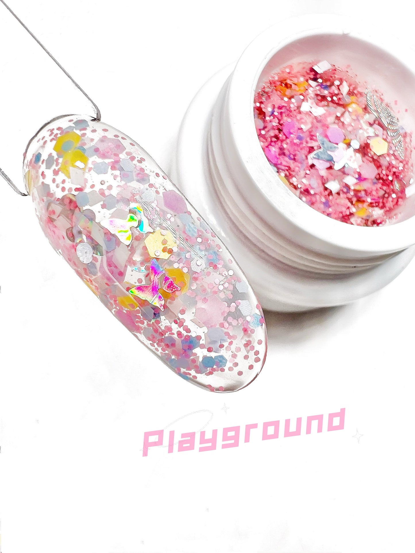 Playground | Mixed Pastel Colour Particles Silver Butterfly | Ultra Shine UV Gels Polish Home Nail DIY False Tips Nail Art Supply