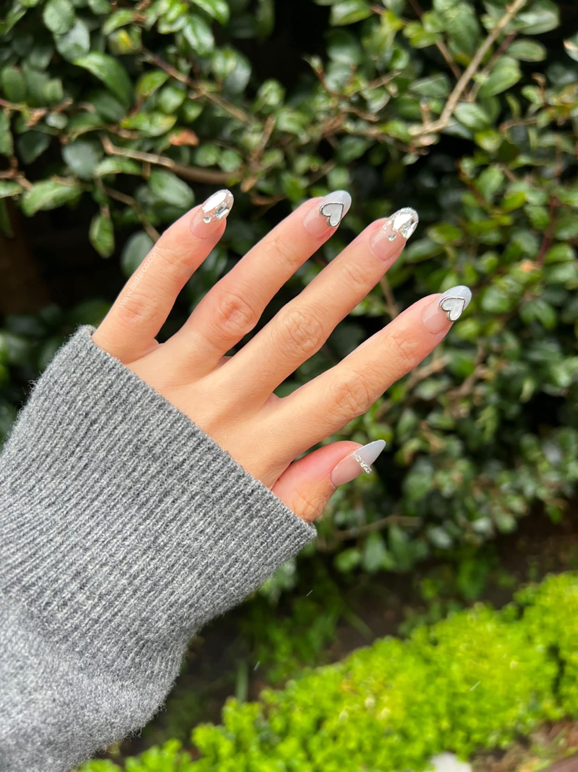 Reusable Grey and Silver Heart | Premium Press on Nails Gel | Fake Nails | Cute Fun Colorful Colorful Gel Nail Artist faux nails xx216