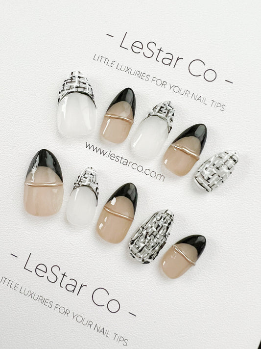 Reusable Black White Woolen | Premium Press on Nails Gel | Fake Nails | Cute Fun Colorful Gel Nail Artist faux nails ML277