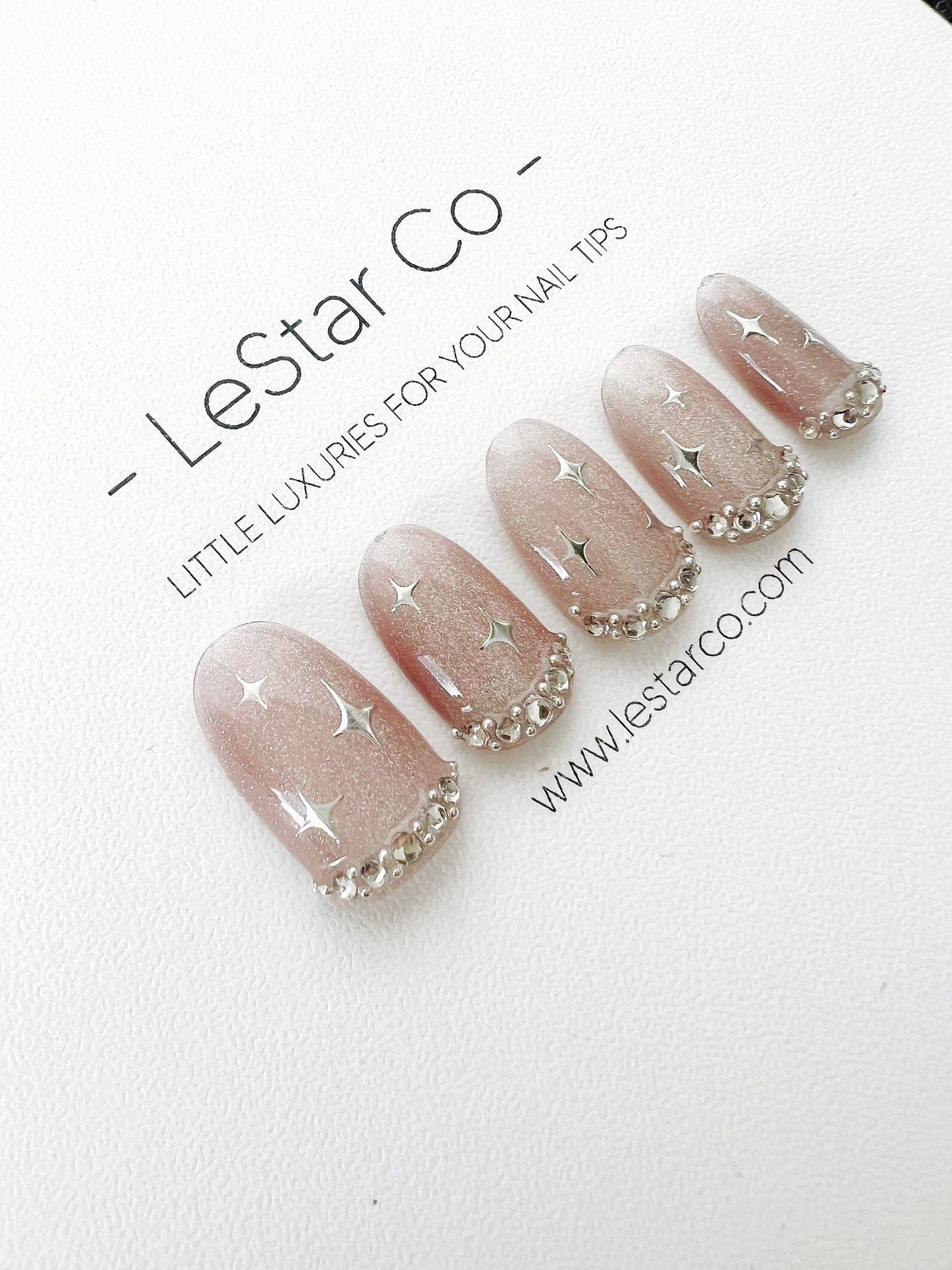 Reusable Nude Pink Cateye Starlit | Premium Press on Nails Gel | Fake Nails | Cute Fun Colorful Gel Nail Artist faux nails TT 304