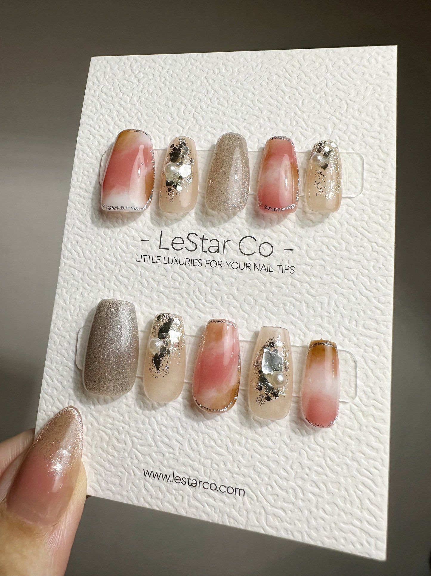 Reusable Rose Rocks Pink Ombre | Premium Press on Nails Gel | Fake Nails | Cute Fun Colorful Gel Nail Artist faux nails BB406