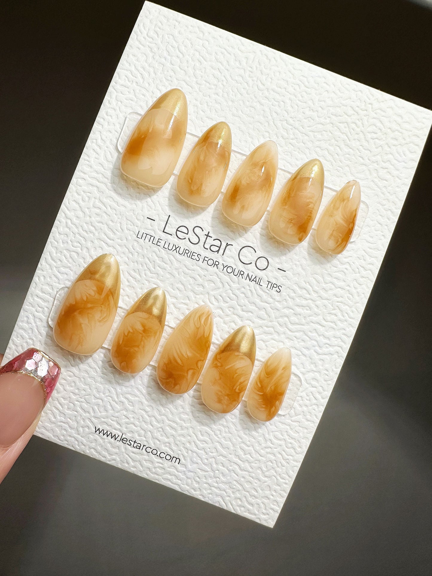 Reusable Caramel Amber Waves Gold French Tip | Premium Press on Nails Gel | Fake Nails | Cute Fun Colorful Gel Nail Artist faux nails QN448