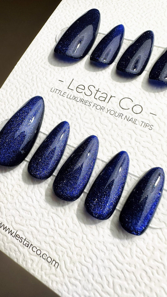 Reusable Abyssal Whispers Blue Cat Eye Effect | Nails Premium Press on Nails Gel Manicure | Fake Nails | Handmade | Lestarco nails 485zz