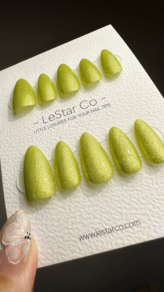 Reusable Vivid Green Shimmering | Nails Premium Press on Nails Gel Manicure | Fake Nails | Handmade | Lestarco faux nails 491zz