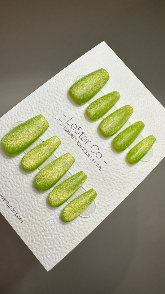 Reusable Sparkling Lime Cat eye | Nails Premium Press on Nails Gel Manicure | Fake Nails | Handmade | Lestarco faux nails TMR518