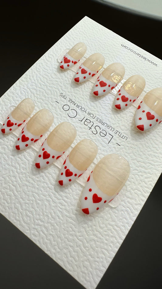 Reusable Many Many Hearts White French Tip Premium Press on Nails Gel | Fake Nails | Cute Fun Colorful Gel Nail Artist faux nails YR571