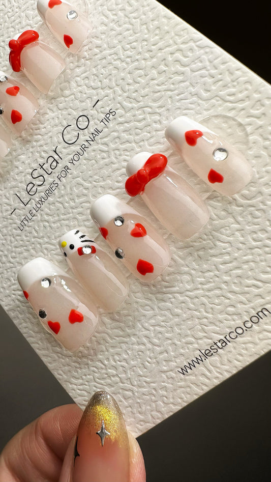 Reusable My Kitty Friend 3D Design | Premium Press on Nails Gel Manicure | Fake Nails | Handmade | Artificial nails YR574