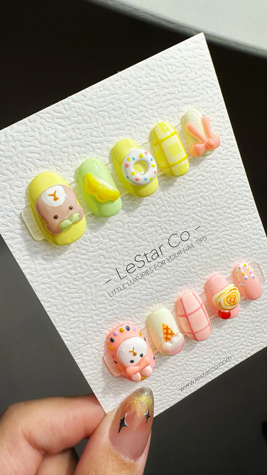 Reusable Bear and Bunny | Premium Press on Nails Gel Manicure | Fake Nails | Handpainted by Professional Nail Faux Nails YR579