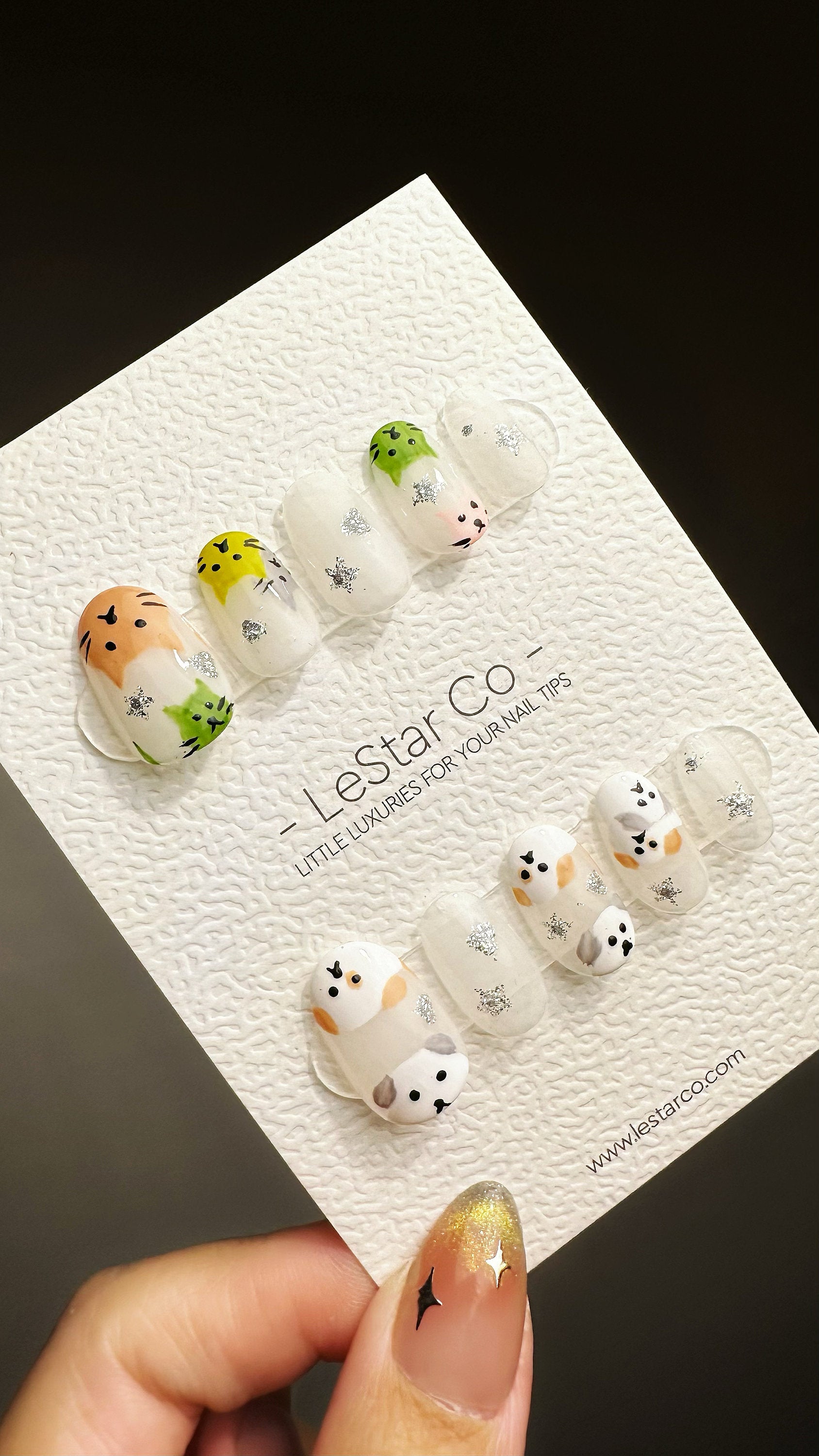 Reusable Mr. Cat and Mr. Dog | Premium Press on Nails Gel Manicure | Fake Nails | Handpainted by Professional Nail Faux Nails YR582