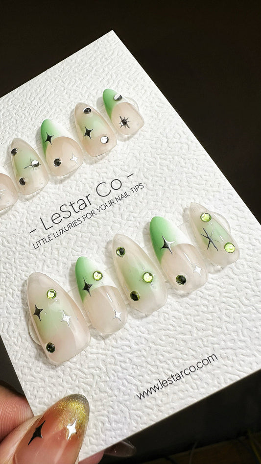 Reusable For The Best Green Star French Tip| Premium Press on Nails Gel | Fake Nails | Cute Fun Colorful Gel Nail Artist faux nails ML624