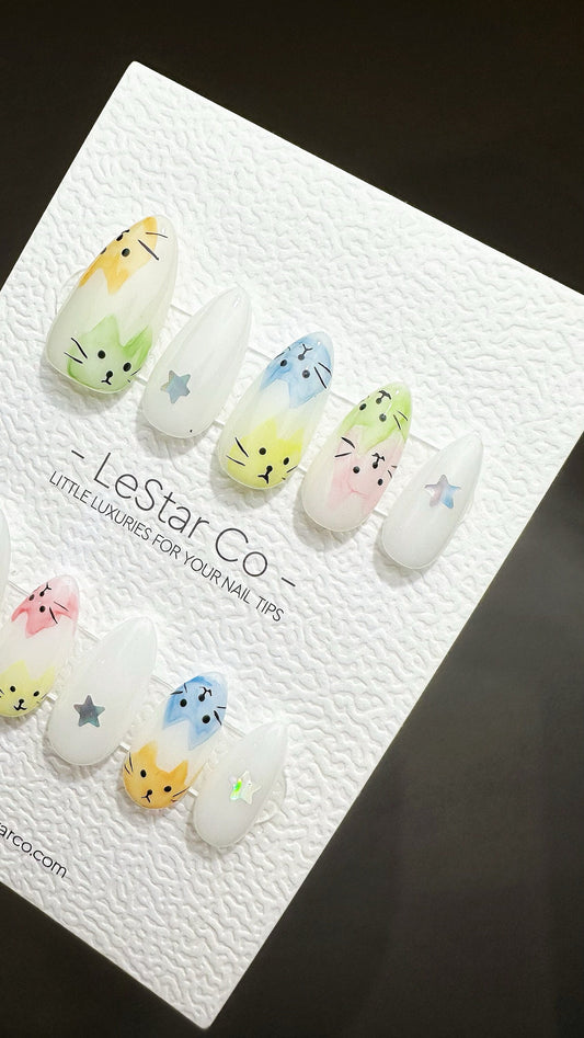 Reusable Kitty Kitty Star | Premium Handmade Press on Nails Gel | Fake Nails | Cute Fun Colorful Gel Nail Artist faux nails QN637