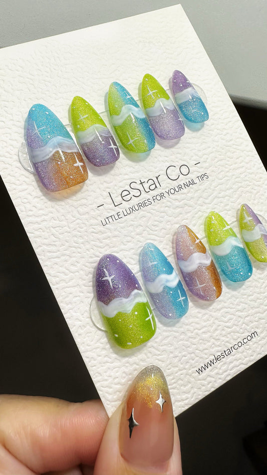 Reusable Celestial Candy Coating Cat Eye Effect Premium Short Press on Nails Gel Manicure | Fake Nails | Handmade | Lestarco nails TMR640