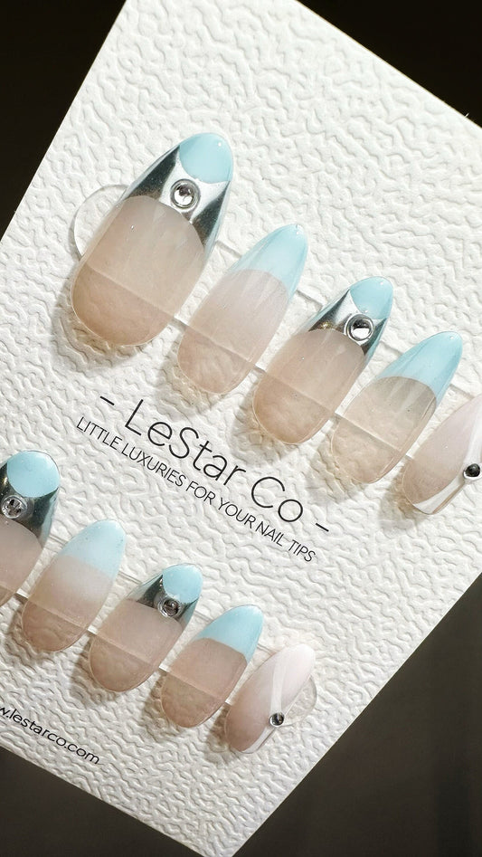 Reusable Silver Lagoon l White French Tip | Premium Press on Nails Gel | Fake Nails | Cute Colorful Gel Nail faux nails TMR642