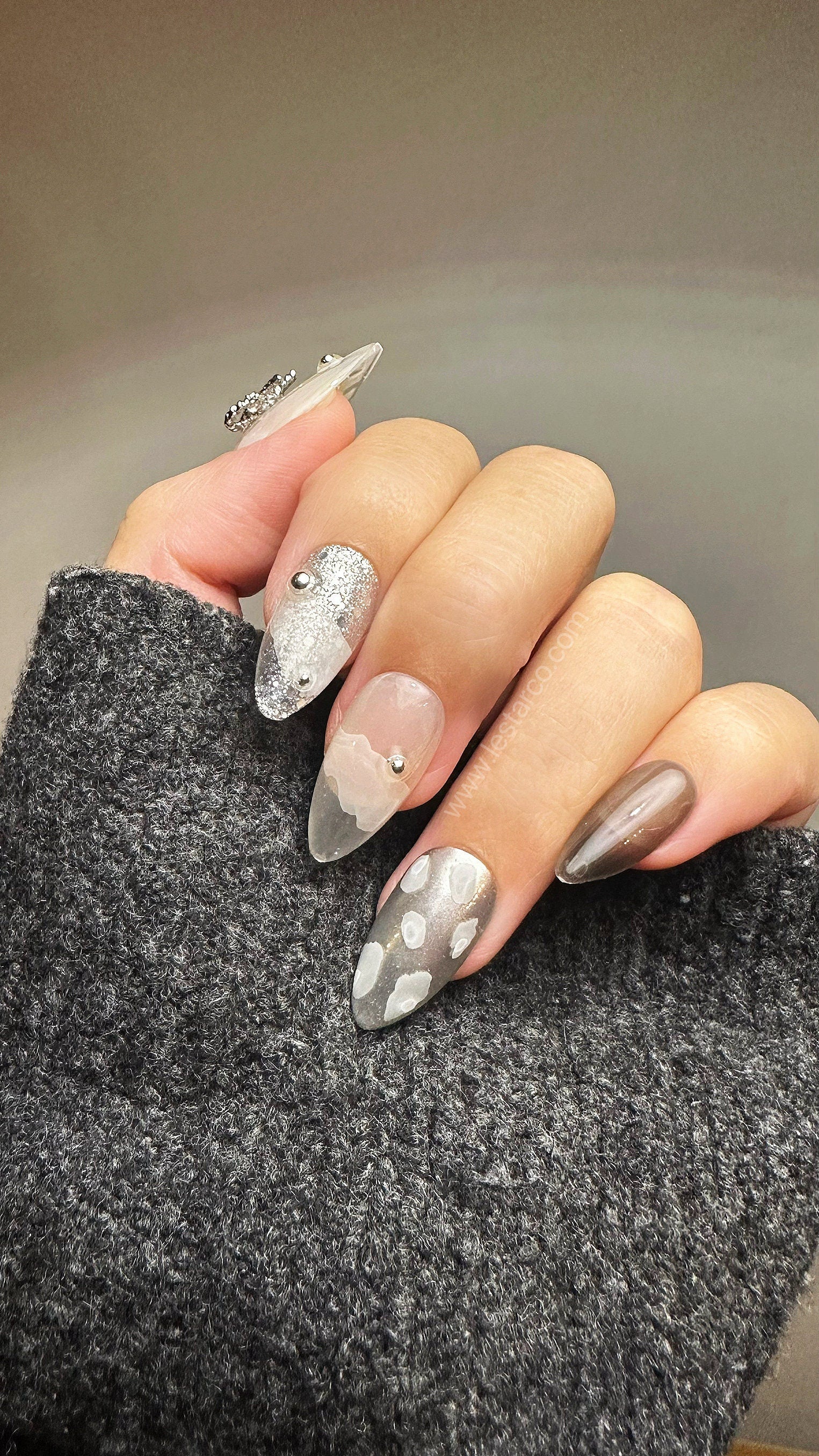 Reusable Silver Bow Starlit | Premium Press on Nails Gel | Fake Nails | Handprint Pressons Prom/Event/Birthday Nails ML670