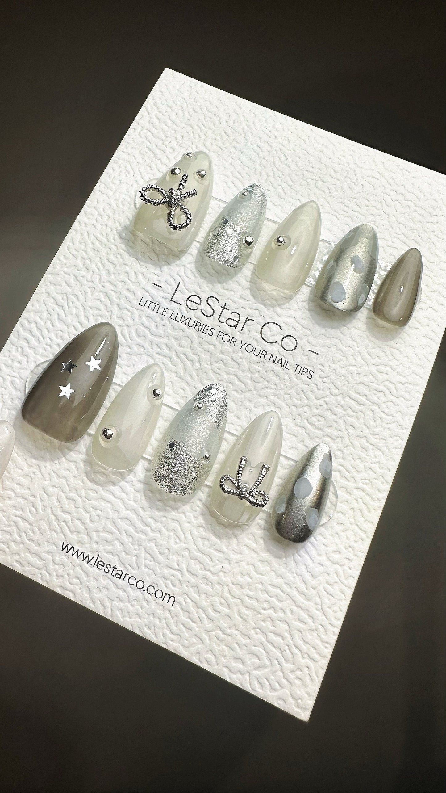 Reusable Silver Bow Starlit | Premium Press on Nails Gel | Fake Nails | Handprint Pressons Prom/Event/Birthday Nails ML670