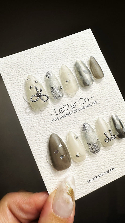 Reusable Silver Bow Starlit | Premium Press on Nails Gel | Fake Nails | Handprint Pressons Prom/Event/Birthday Nails ML670