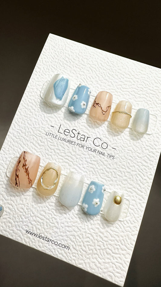 Reusable Sky Blue Petals | Premium Press on Nails Gel Manicure Handprint Pressons Handmade | Lestarco faux nails YR679