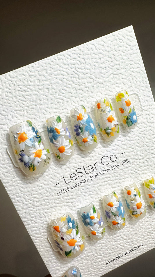 Reusable Daisy Meadow | Premium Press on Nails Gel Manicure Handprint Pressons Handmade | Lestarco faux nails YR691