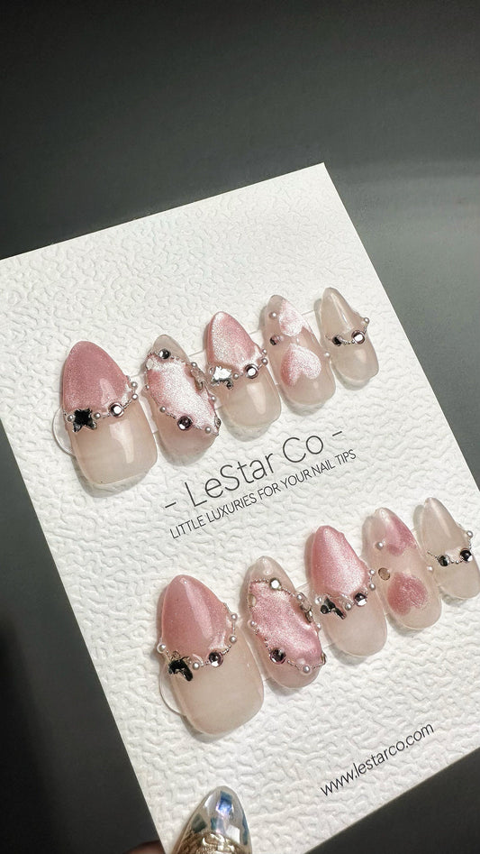 Reusable Delicate Pink Jewels Pink Cat Eye Effect | Press on Nails Gel | Fake Nails | Handmade Pressons faux nails ML701