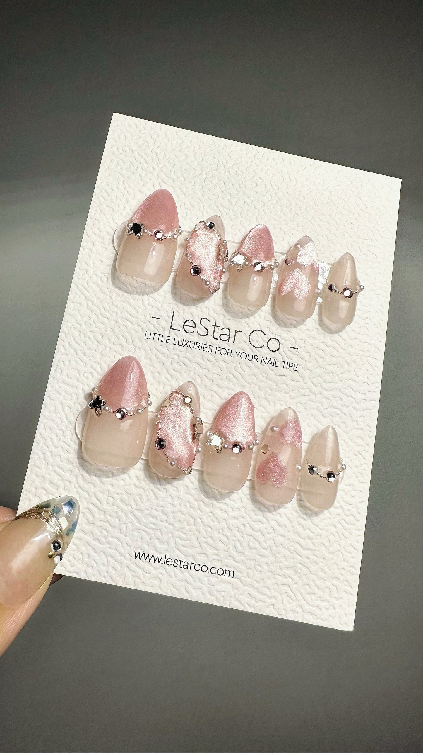 Reusable Delicate Pink Jewels Pink Cat Eye Effect | Press on Nails Gel | Fake Nails | Handmade Pressons faux nails ML701