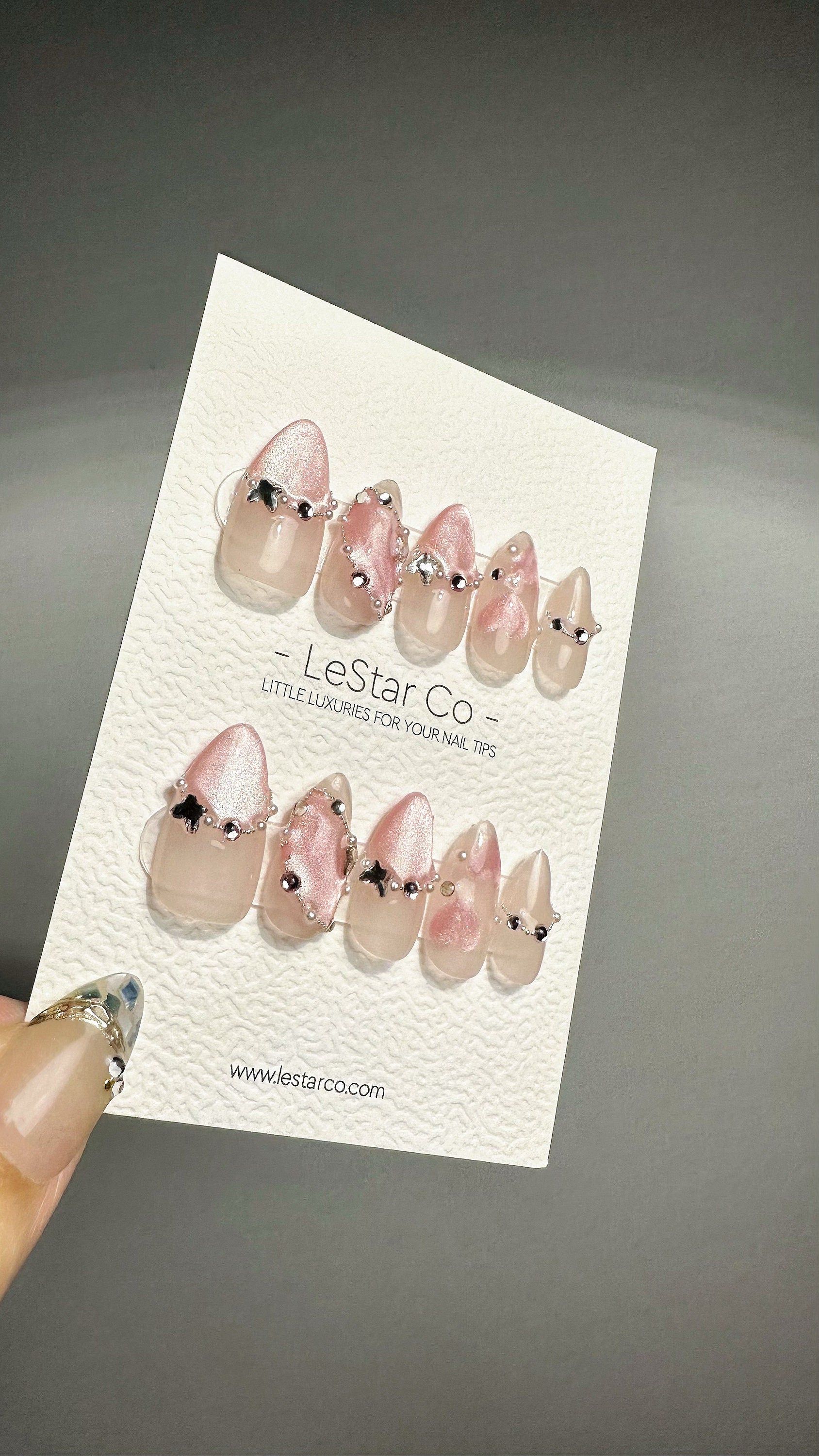 Reusable Delicate Pink Jewels Pink Cat Eye Effect | Press on Nails Gel | Fake Nails | Handmade Pressons faux nails ML701