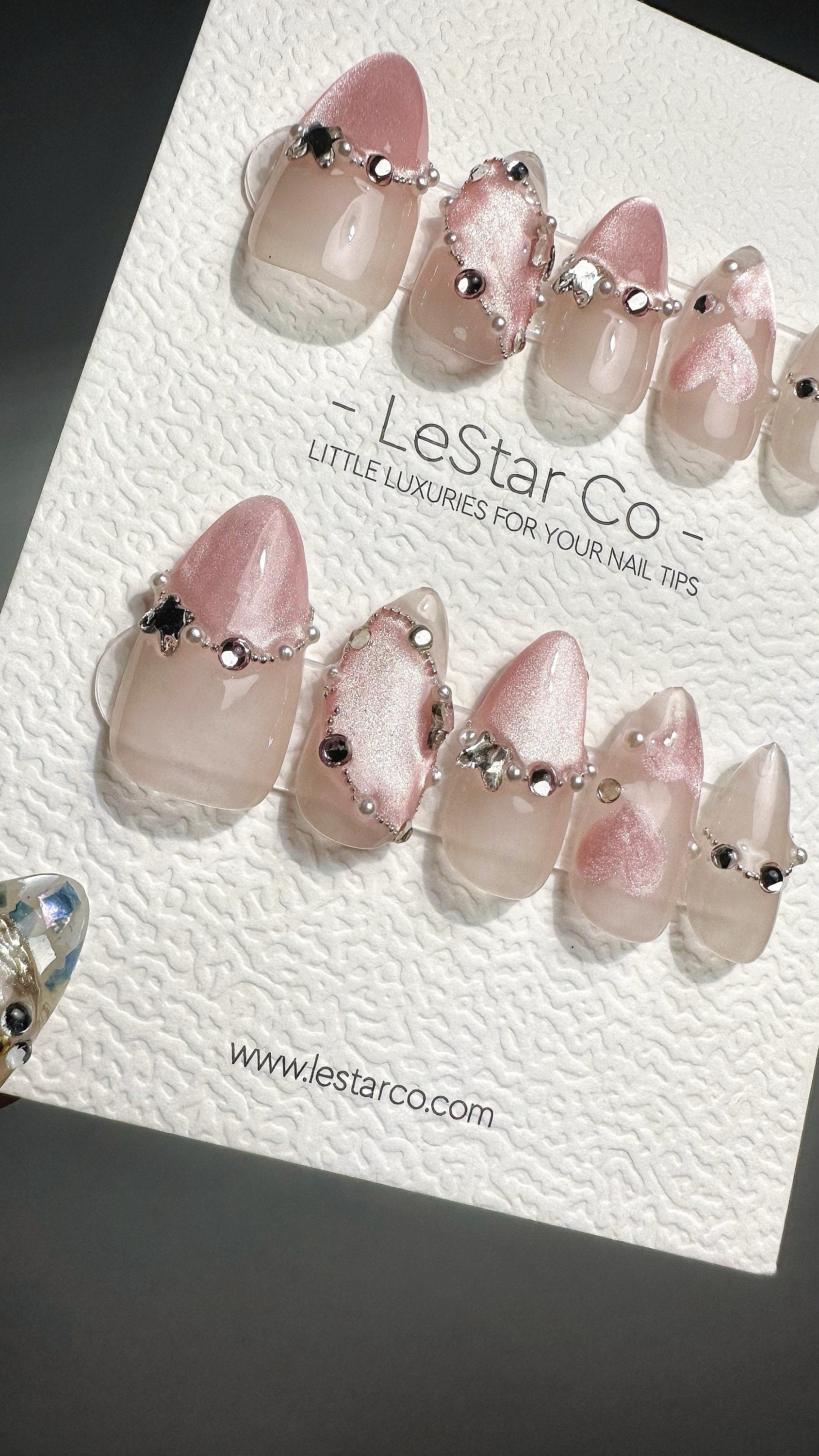 Reusable Delicate Pink Jewels Pink Cat Eye Effect | Press on Nails Gel | Fake Nails | Handmade Pressons faux nails ML701