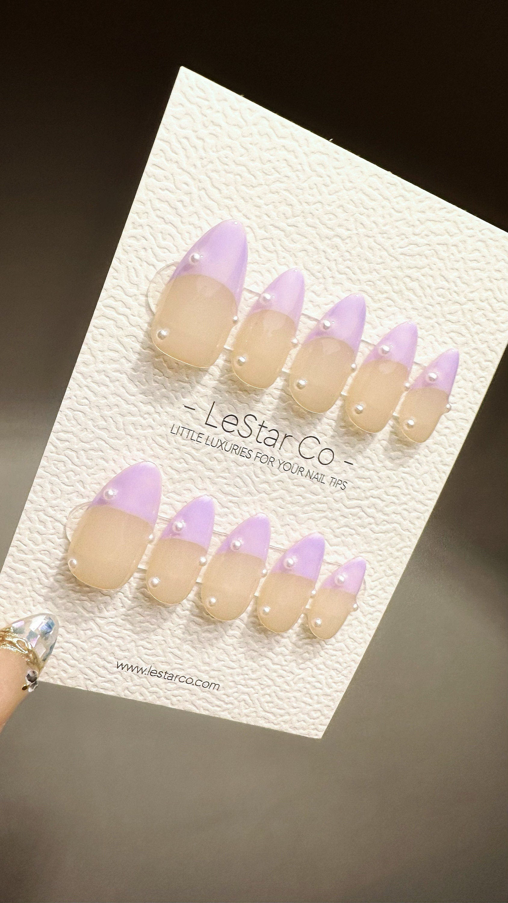 Reusable Lavender Lilac Pastel Purple French Tip with Pearl | Premium Press on Nails Gel | Fake Nails | Handprint Gel Nail Faux nails ML708