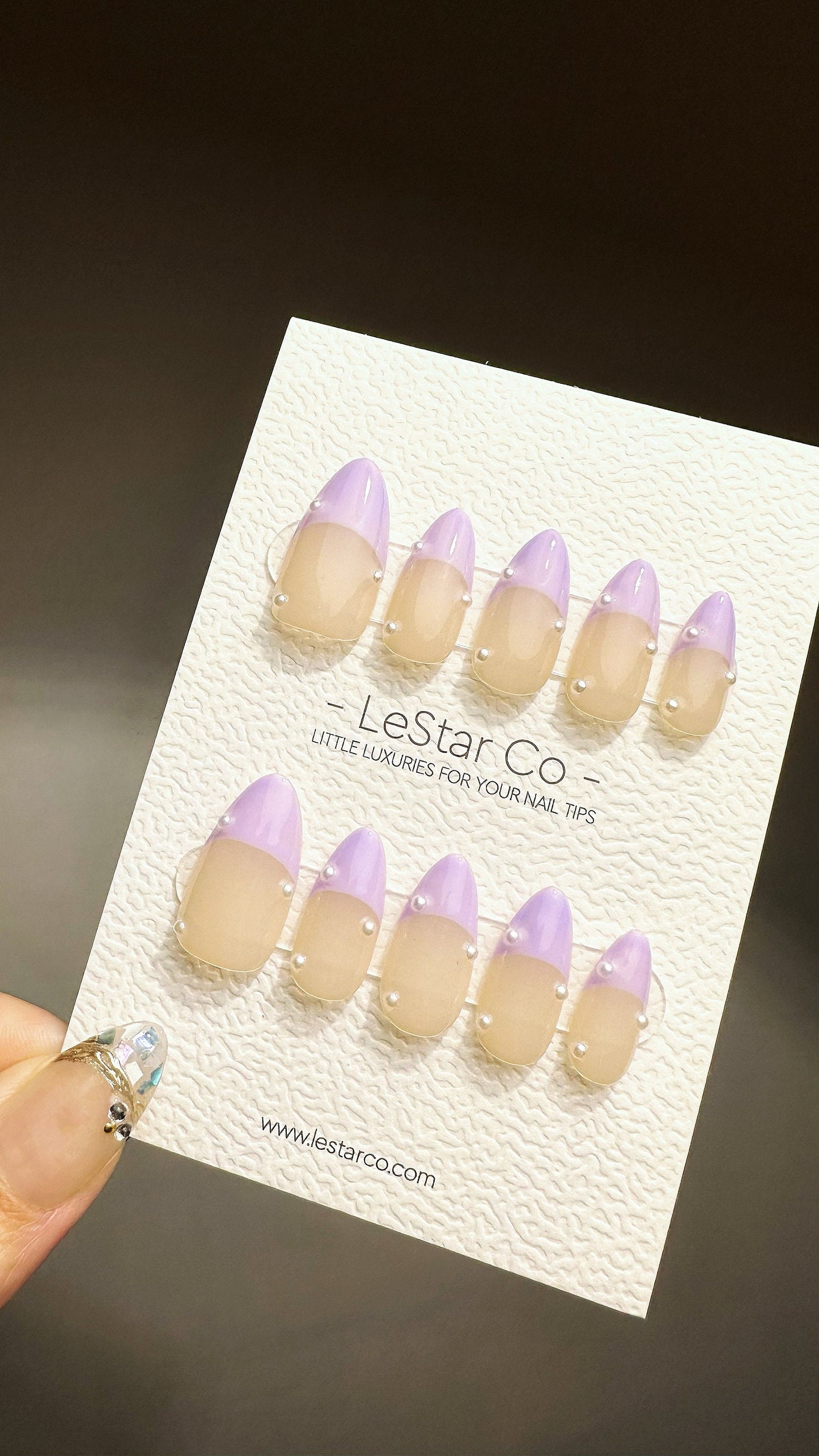 Reusable Lavender Lilac Pastel Purple French Tip with Pearl | Premium Press on Nails Gel | Fake Nails | Handprint Gel Nail Faux nails ML708