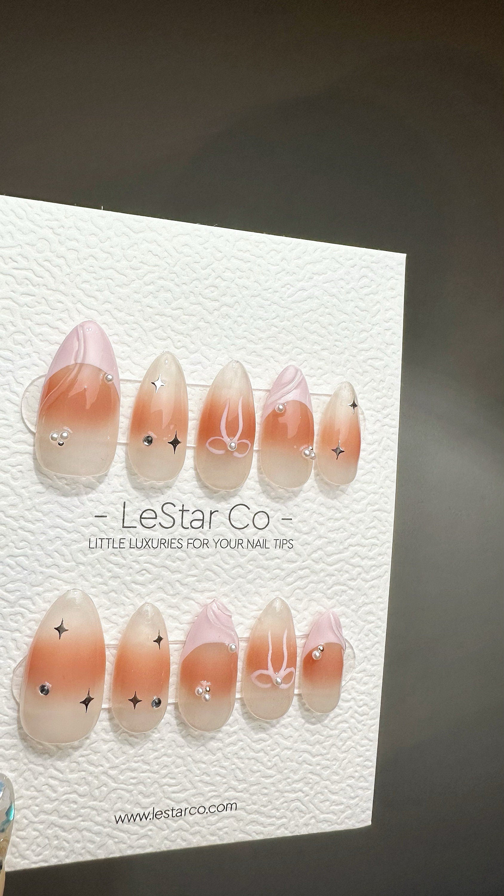 Reusable Rosy Peachy Glow French Tip with Ribbon Star | Premium Press on Nails Gel | Fake Nails | Handprint Gel Nail Faux nails ML713