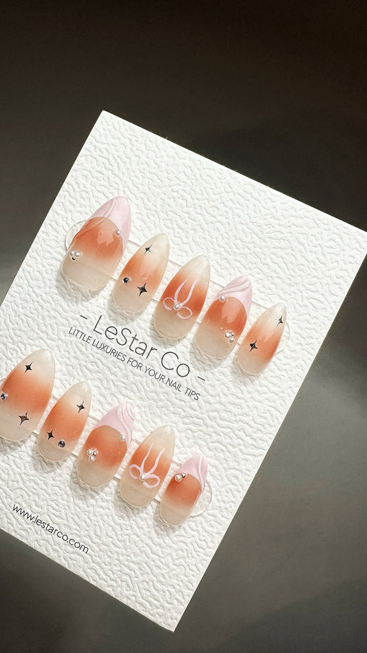 Reusable Rosy Peachy Glow French Tip with Ribbon Star | Premium Press on Nails Gel | Fake Nails | Handprint Gel Nail Faux nails ML713